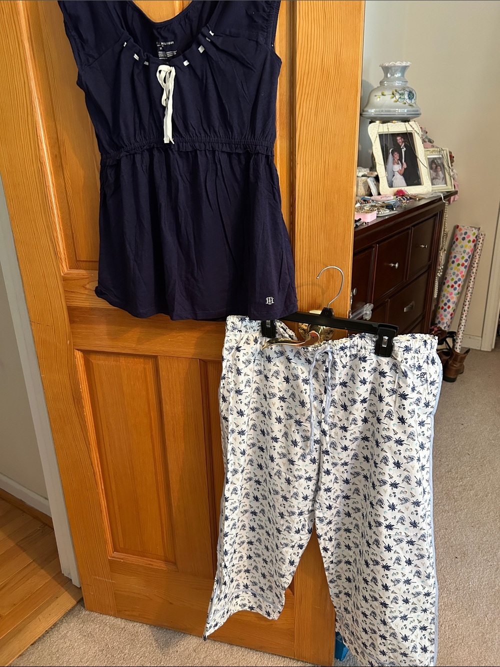 Tommy Hilfiger Navy Top and White Floral Pajama Pants Set